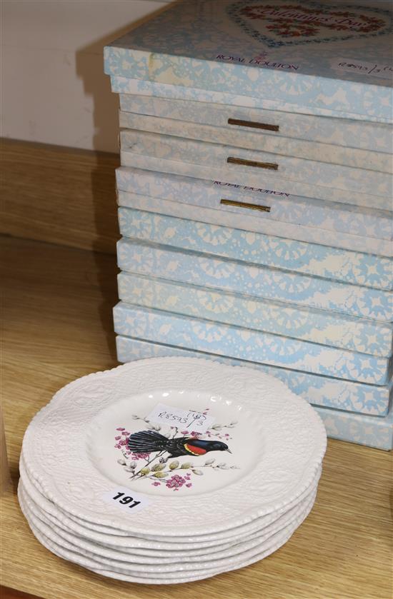 Ten Royal Doulton Valentine plates, boxed and a set of eight Royal Cauldon ornithological plates